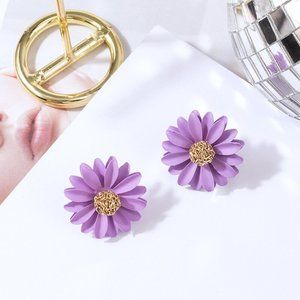Gold Purple Cute Large Daisy Flower Stud Earrings